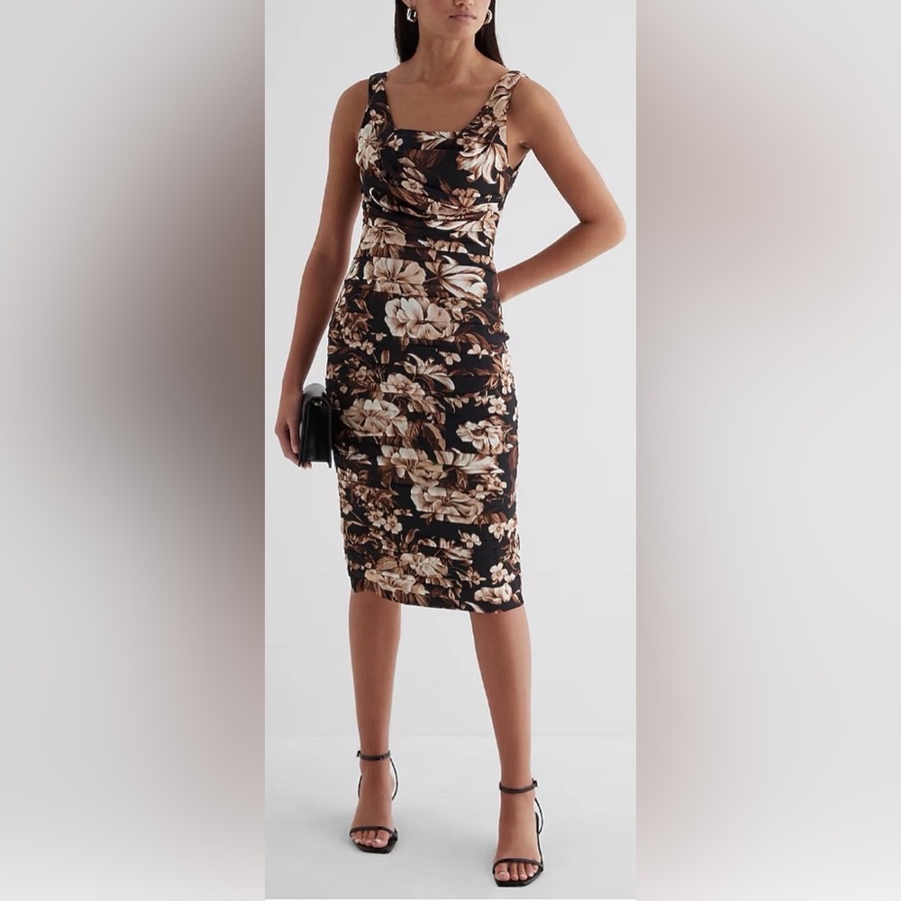 Express Elegant Ruched Floral Midi Dress- Black, Brown & Beige. size 4. Org $118